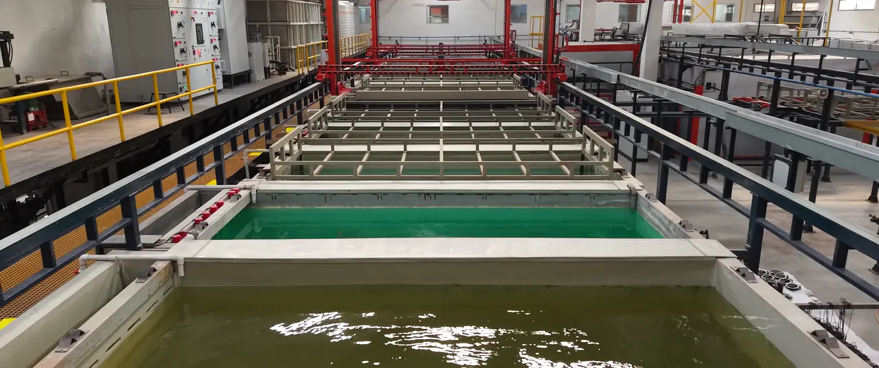 Mercury’s cathodic electrodeposition line — a row of dip tanks running under an overhead gantry crane.