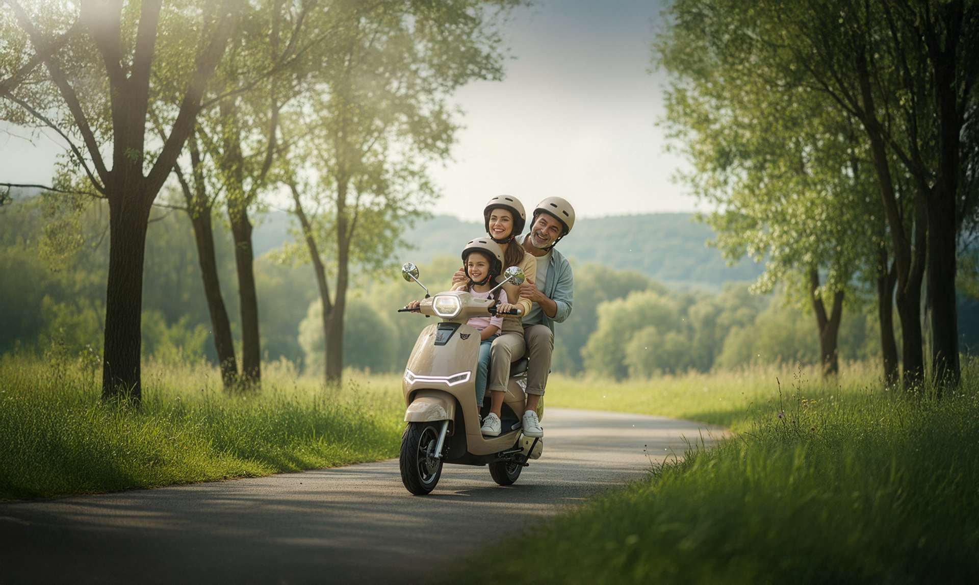 Family riding the Mercury DLX GOLD electric scooter on a tree-lined country road